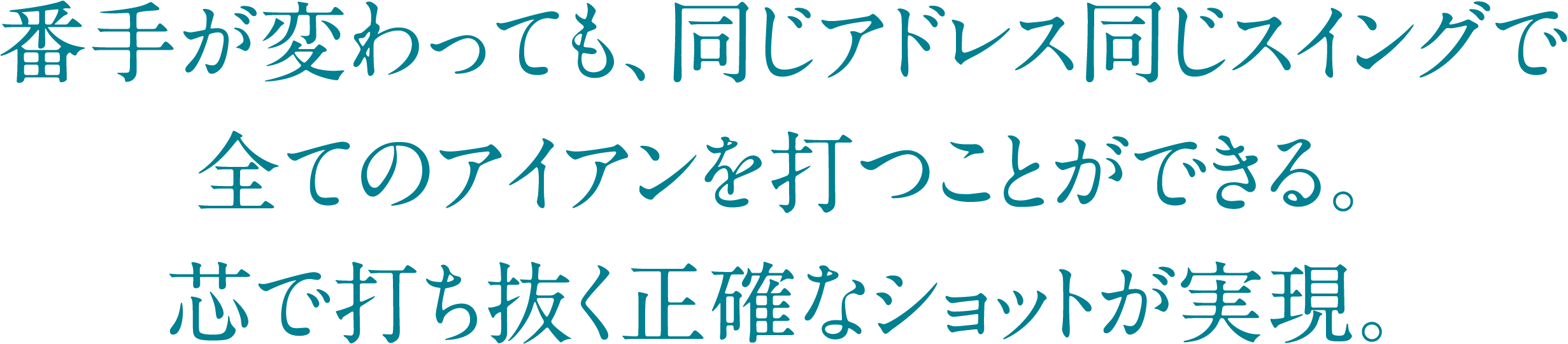 番手が変わっても、同じアドレス同じスイングで全てのアイアンを打つことができる。芯で打ち抜く正確なショットが実現。